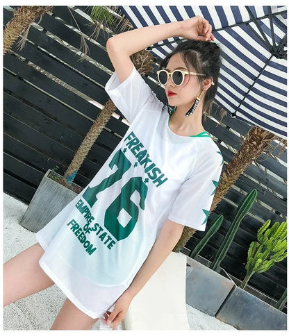 Swimsuit Women Split 3 Piece Set Korean Cartoon Print Cover Up Sport Boxer Shorts Tank Top Mesh Jersey Sun-proof Beach Swimwear