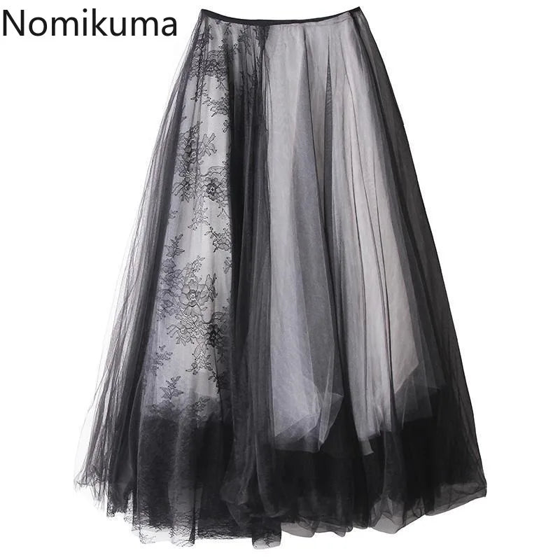 Harajuku Punk Long Skirts for Women Patchwork Gauze Chic Jupe 2025 Faldas Mujer De Moda Japanese Lace A-line Streetwear Skirt