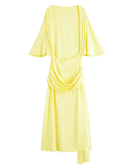 Sexy Backless Party Long Dress Women O-neck Slim Pleated Ribbon Women's Dresses 2026 Spring Summer Lady Yellow Evening Gown