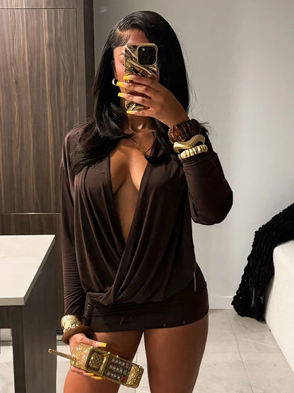 Weird Puss Sexy V-Neck Dress Women Elegant Peach Hip Full Sleeve Autumn Fashion 2025 Banquet Party Clubwear Skinny Mini Bodycon