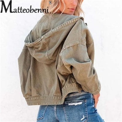 Autumn Winter Drawstring Hooded Denim Jackets Women Loose Long Sleeve Outerwear Female Single-breasted Splice Pocket Short Coats