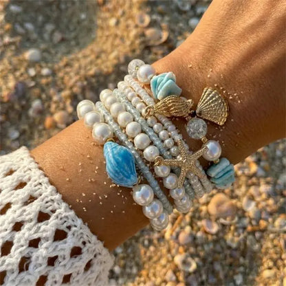 Cute Coral Starfish Shell Multi-Layer Bracelet for Women Ocean Series Fashion Stackable Beaded Jewelry Accessories