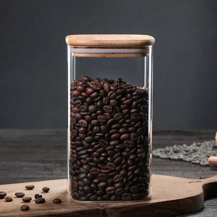 Glass Square Storage Jar with Bamboo Lids Spoon Glass Coffee Canister Food Container for Beans Pasta Candy Spice Rice Loose Tea