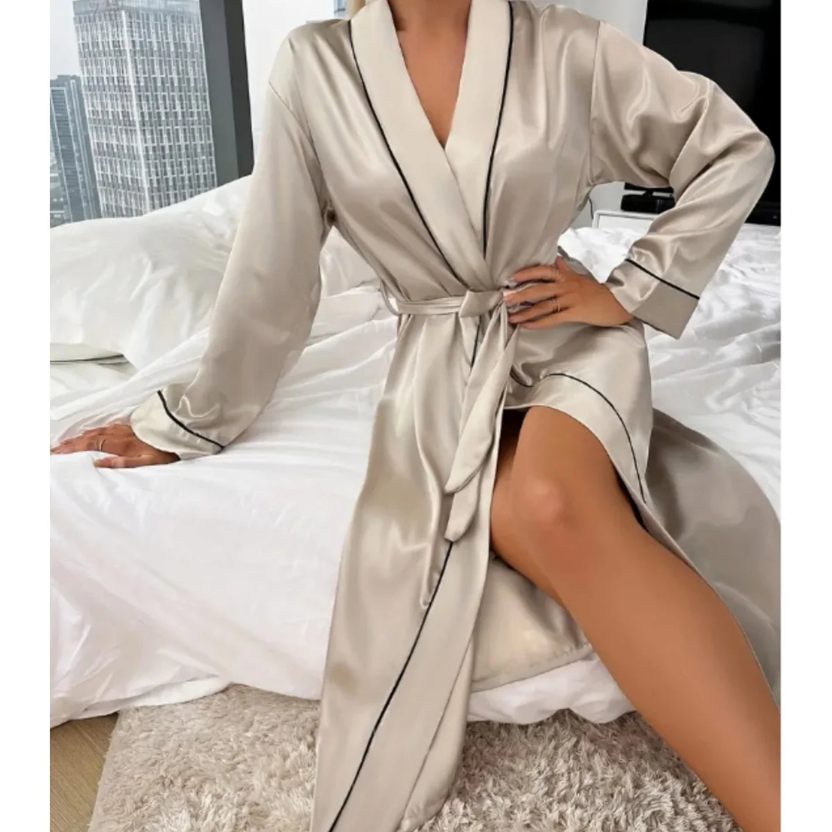 Solid Color Long Ice Silk Pajama Summer Thin Home Clothing Cardigan Bathrobe