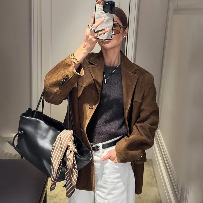 Talenza Vintage Women's Suede Leather Jacket Single Breasted Lapel Brown Blazer Loose Coats 2025 Autumn Office Lady Outerwears