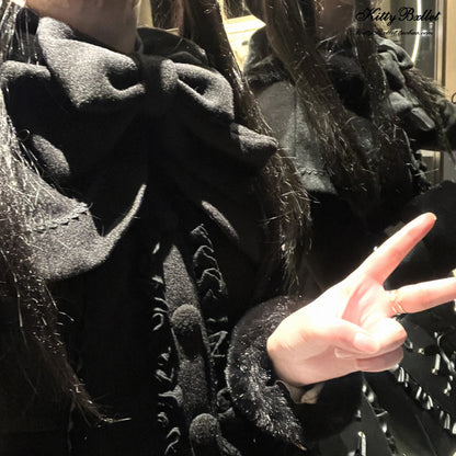 Lolita Original Japanese Coat Women Black Overcoat Autumn and Winter New Sweet Elegant Fur Collar Mine Tie Imitation Tweed Coat