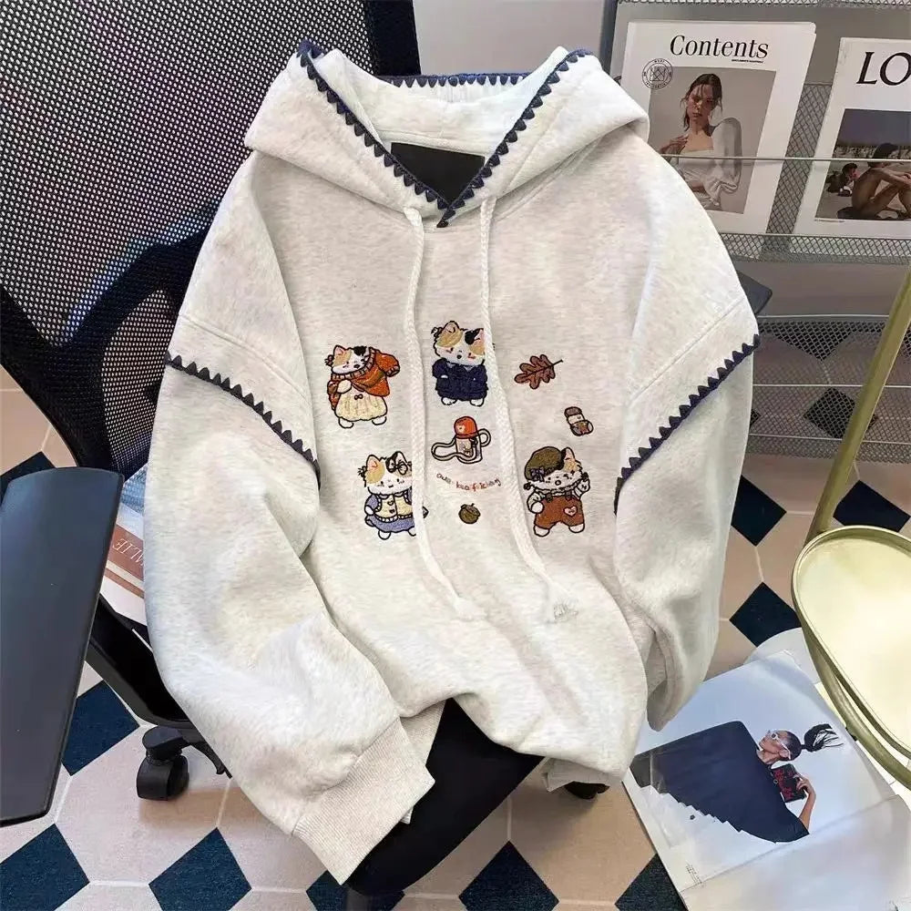 Design Sensation Small Audience Cartoon Cat Embroidery Sweatshirt Women Early Autumn Sweet Milk Cute Small Size Hooded Jacket To