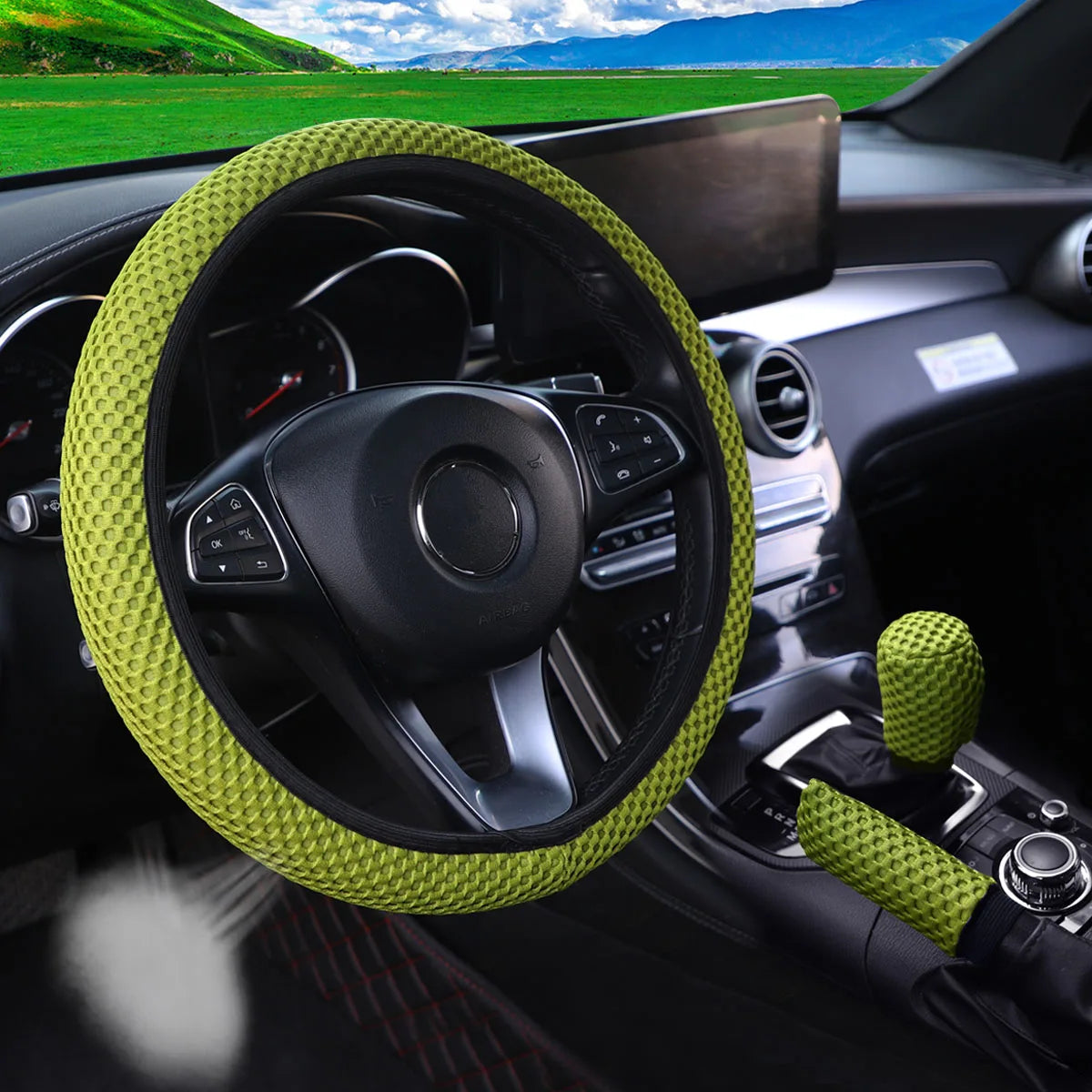 Three-piece three-dimensional breathable massage net car non-slip steering wheel cover, handbrake cover, gearshift cover
