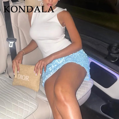 KONDALA 2025 Spring Summer Sexy Butter Yellow Women Skirts Fashion Streetwear Beading Solid Straight Chic Ladies Mini Skirts