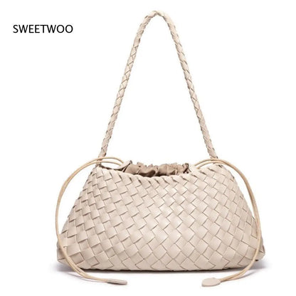 Women's Woven Shoulder Bag Soft Leather Tote Bag with Drawstring Inner Bag 2-In-1 Bucket Bag for Daily Commute Handbag