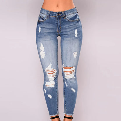 Y2k Vintage High Waisted Blue Washed And Distressed Jeans Fashion Hole Slim Stretch Pants Casual Classic Trousers New Jeans 2024
