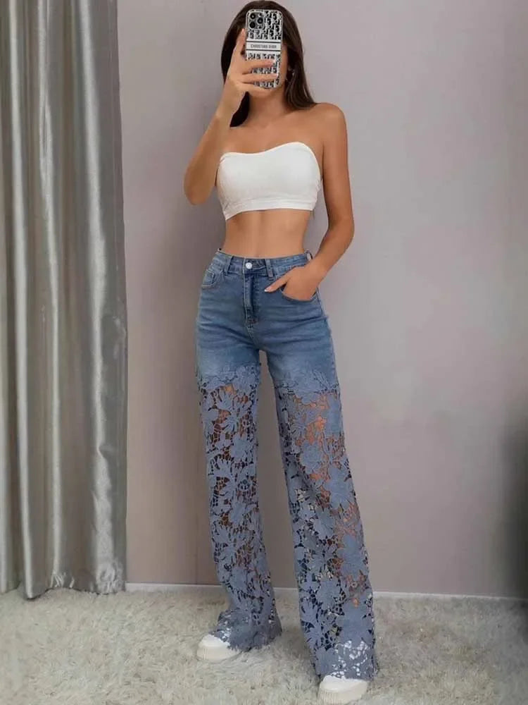Careaymade-Lace Spliced Elegant Hollow Out Jeans Women New Temperament High Waist Straight Loose Denim Trousers Y2k Streetwear