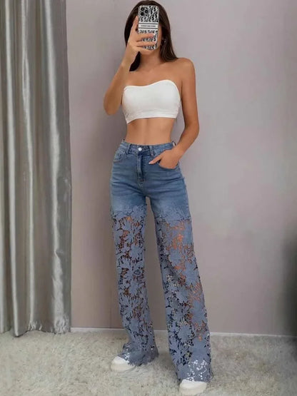 Careaymade-Lace Spliced Elegant Hollow Out Jeans Women New Temperament High Waist Straight Loose Denim Trousers Y2k Streetwear