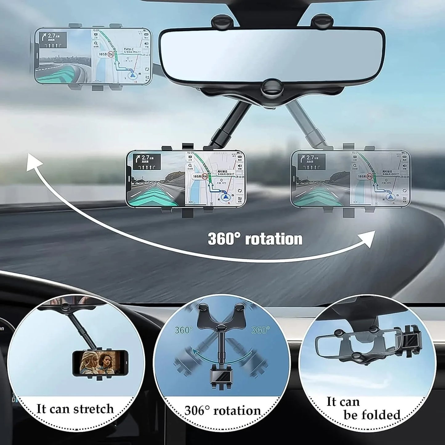 Universal Clip Rotatable and Retractable Car Phone Holder Rearview Mirror Driving Recorder Bracket DVR/GPS Mobile Phone Support