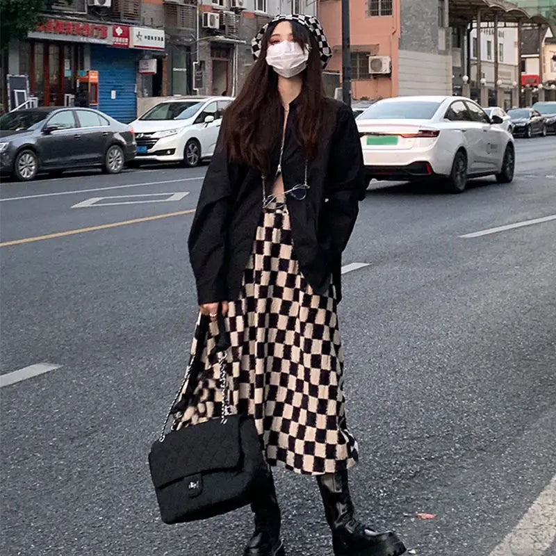 2023 AutumnWinter New High End Corduroy Checkerboard Half Skirt Women's Korean Print High Waist Fashion Mid Length A-line Skirts