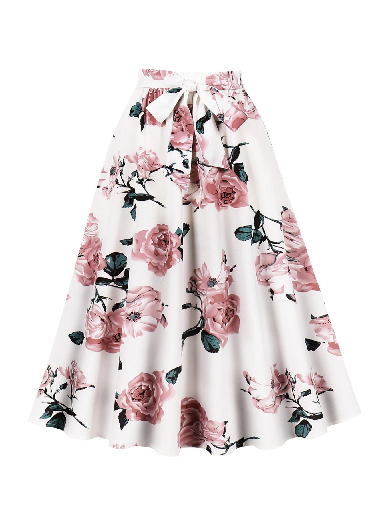 Elegant flower polka dot print casual party elastic waist bow belt half skirt for women