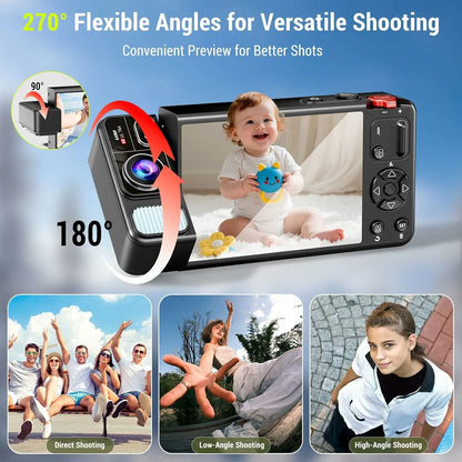 Digital Camera 4K 64MP Camera for Photography 270°Flip Screen Vlogging Camera Autofocus 18X Zoom Point and Shoot Digital Camera