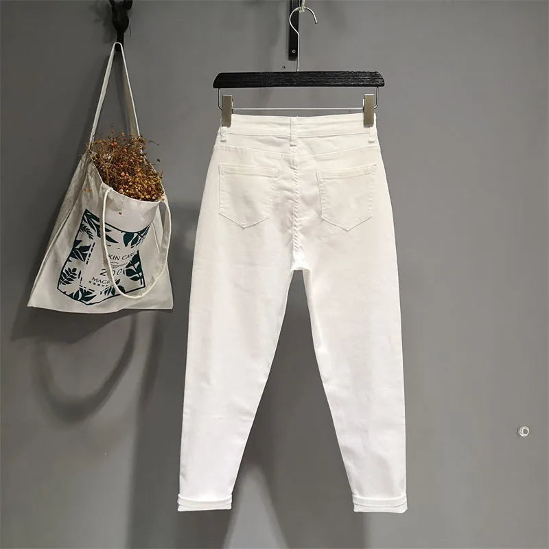White Jeans 2023 New Women's Embroidery Wild Jeans Spring Summer Fashion Hole Ladies Denim Pants Casual Ankle-Length Jean Pants