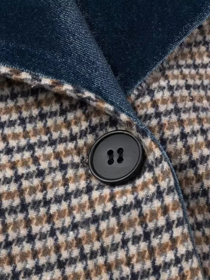 Woolen Plaid Long Coat Women Turn-down Collar Loose Long Sleeve Button Elegant Outwear Female Thicken 2025 Spring Street Jacket
