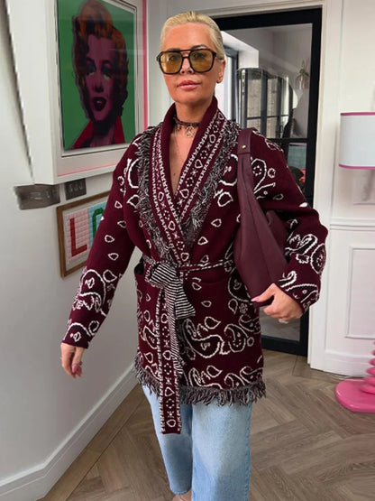 Women Tassel Knit Cardigans Fashion V Neck Long Sleeve Belt Female Knitwear 2026 Spring Autumn Elegant Ladies New In Outerwears