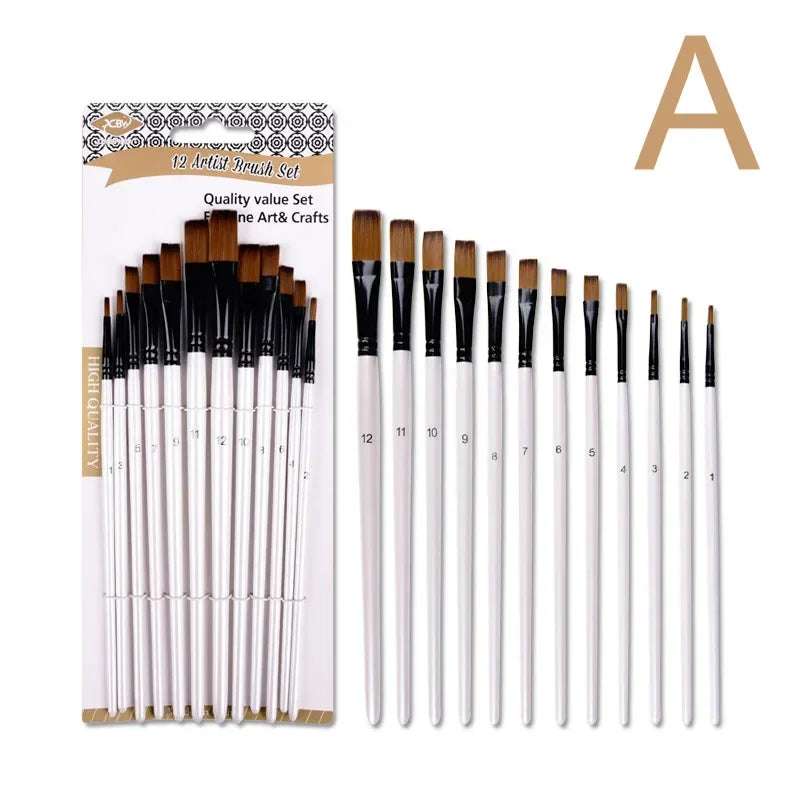 12pcs Nylon Hair Wooden Handle Watercolor Paint Brush Pen Set for Learning Diy Oil Acrylic Painting Art Paint Brushes Supplies