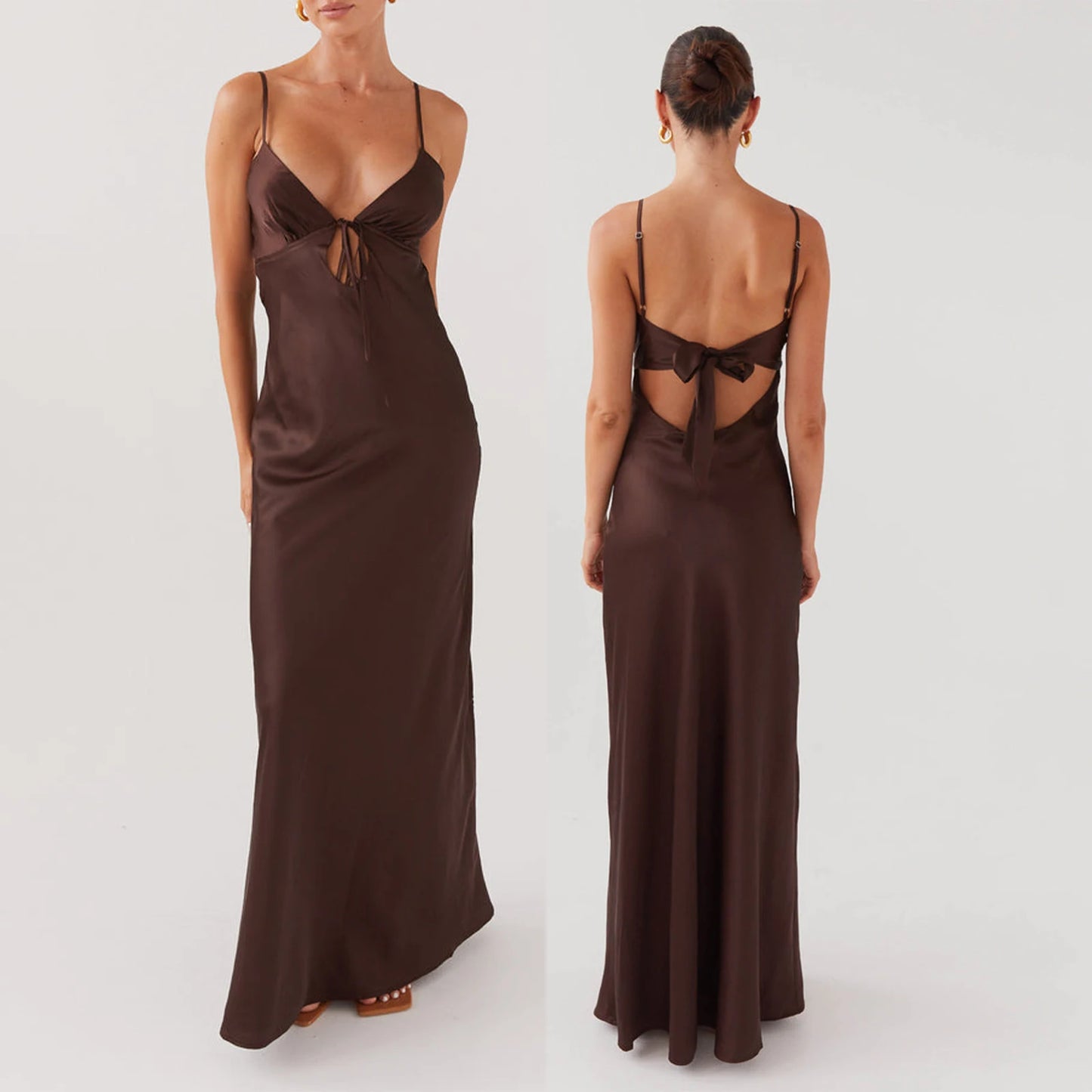Combhasaki Women's Elegant Solid Color Adjustable Thin Shoulder Straps Cutout Tie-Up Front Backless Summer Long Cami Silky Dress