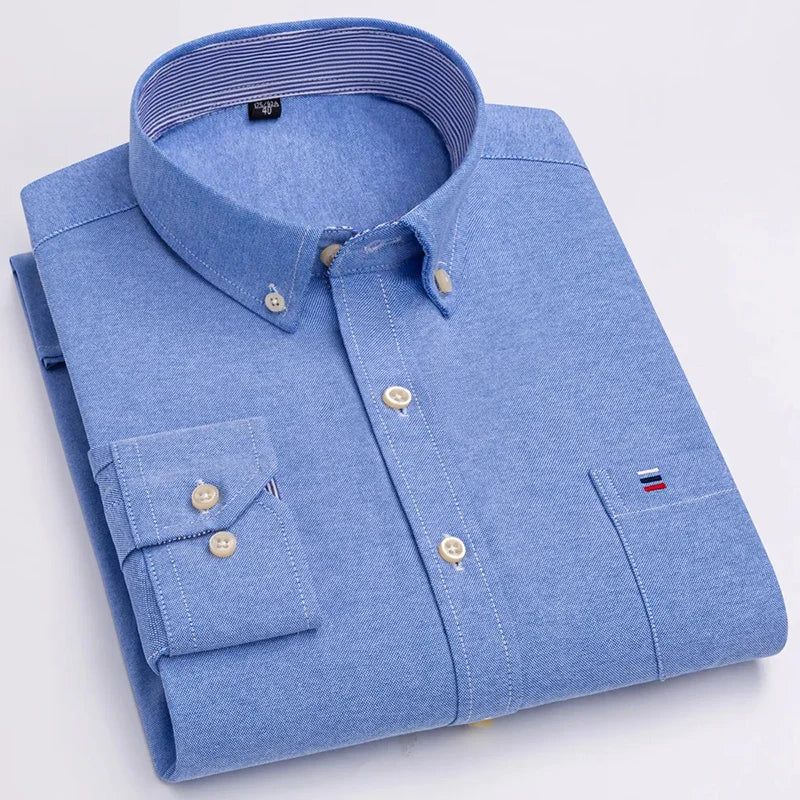 Men's Long Sleeve Oxford Dress Shirt 100% Cotton Plaid Checkered Chest Pocket Button Down Collar Casual Shirts
