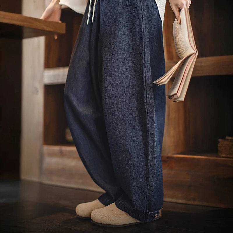 Maden Retro Banana Jeans Women's Spring Soft Stretch Tapered Pants Cool Blue Jeans with Elastic Drawstring Waist Casual Trousers