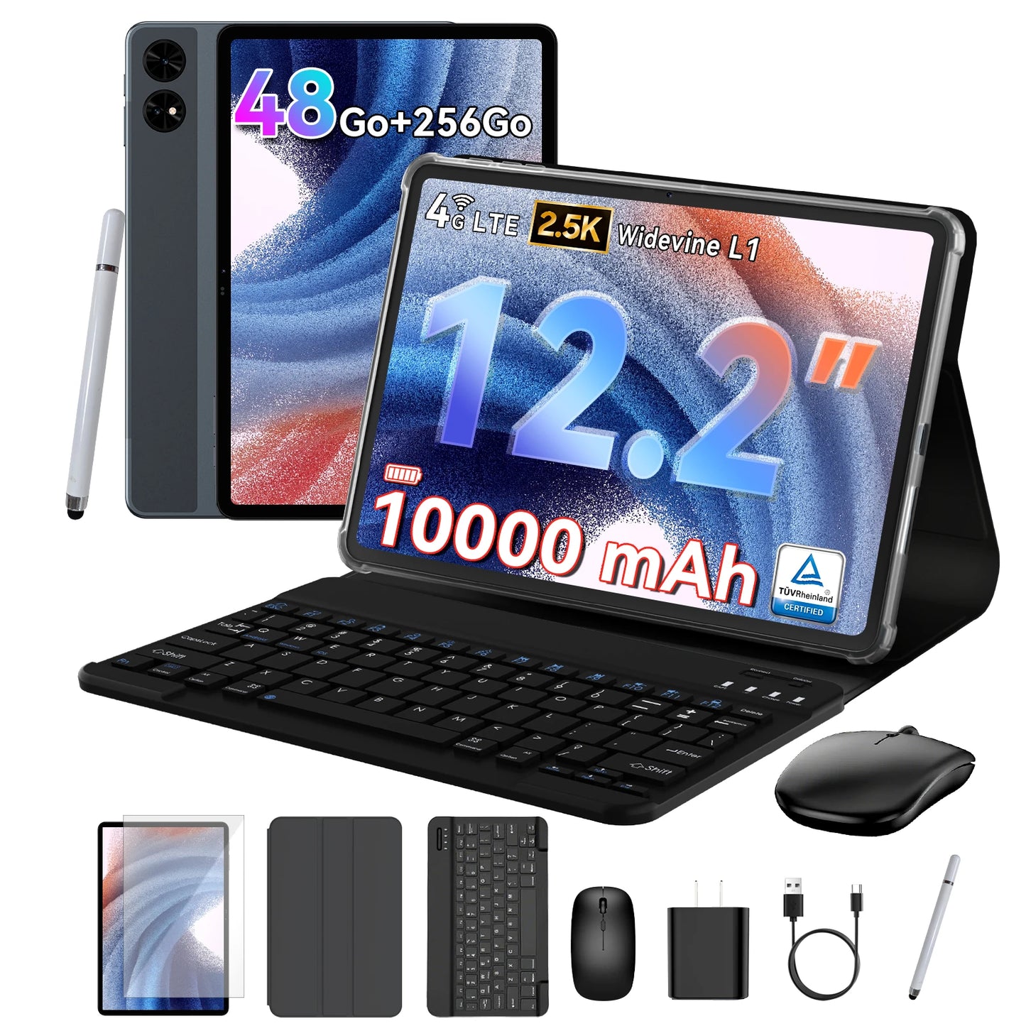 KINGRID T60 Android 16 Tablet PC with Keyboard Mouse Case, 12.2 Inch 2.5K Display, 24GB RAM 256GB ROM, Octa Core T7280 Processor, 10000mAh Battery, 4G LTE Dual SIM, PC Mode, Tablet for Work Study and Entertainment Tablet andr