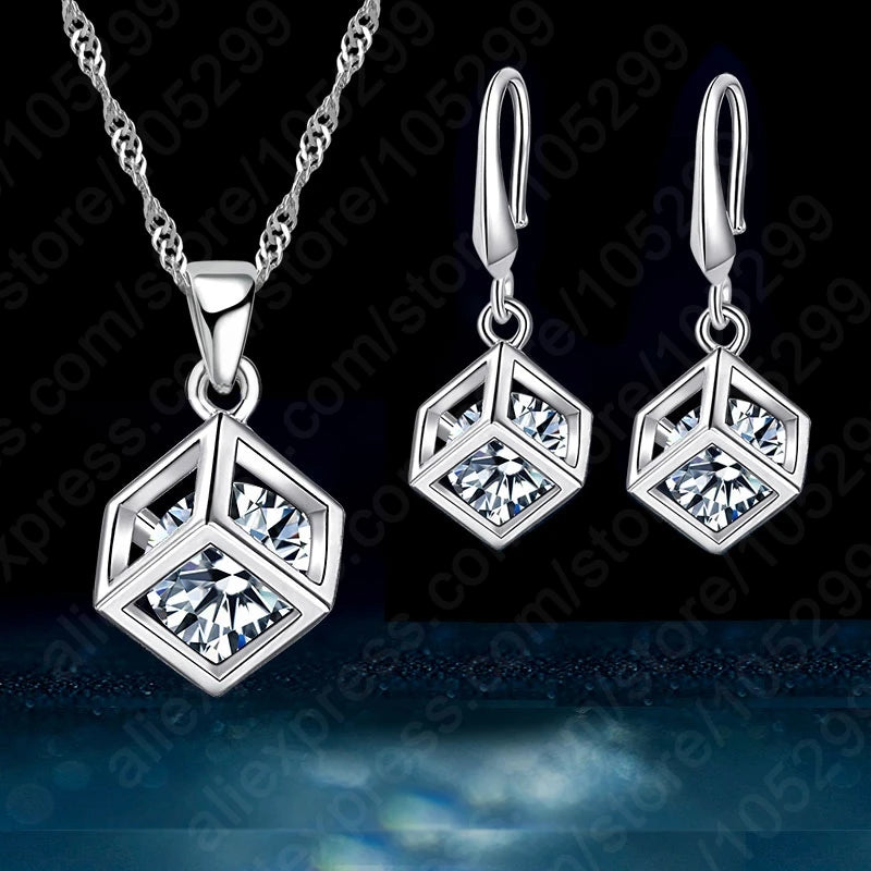 Hot Sale Big Promotion 925 Sterling Silver Jewelry Set Wedding Accessories Shiny Crystal Pendant Necklace Earrings