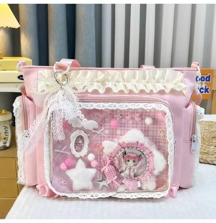 Y2k New Sweet Ita Shoulder Bag Lolita Girl Transparent Crossbody Bag Women Large Capacity Lace Tote Bag Cute DIY Display Handbag