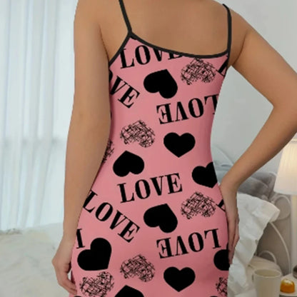 1 Piece Casual & Comfy Heart & Letter Print Nightdress, Lettuce Trim Sexy Slip Short Nightdress, Women's Sleepwear & Dresses