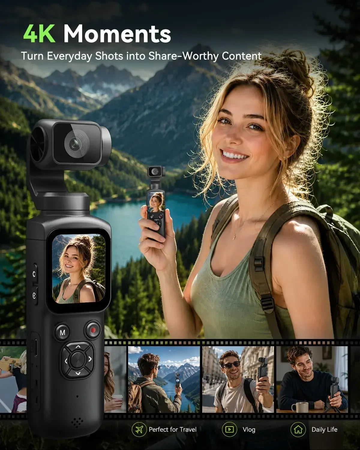 4K Action Camera With 330° Face Tracking Gimbal Stabilizer 1.72 Inch Touch Screen 64MP Pocket Digital Camera WiFi Sports Cam