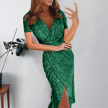 Sexy Deep V Glitter Wrap Dress Womens Ruched Short Sleeve Formal Party Dresses Sparkly Evening Gown Wedding Guest Dress Vestidos