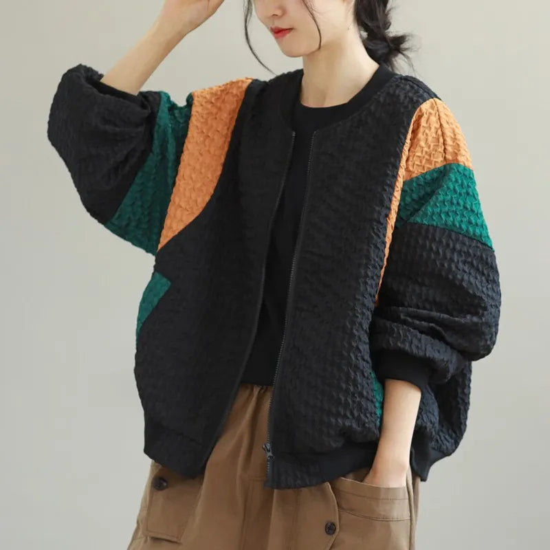 Johnature 2025 Autumn And Winter Woman New Fashion Loose Zipper O-Neck Jacket Splicing Long Sleeves Contrast Casual Jacket