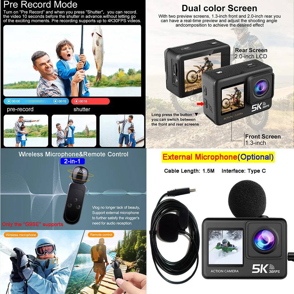 Action Camera 5K 4K60FPS 50MP 2.0 Touch EIS Pre-Record Wireless Mic Wi-Fi 170D DVR Webcam Waterproof 30M 5X Zoom Sports Camera