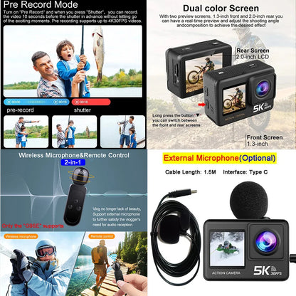 Action Camera 5K 4K60FPS 50MP 2.0 Touch EIS Pre-Record Wireless Mic Wi-Fi 170D DVR Webcam Waterproof 30M 5X Zoom Sports Camera