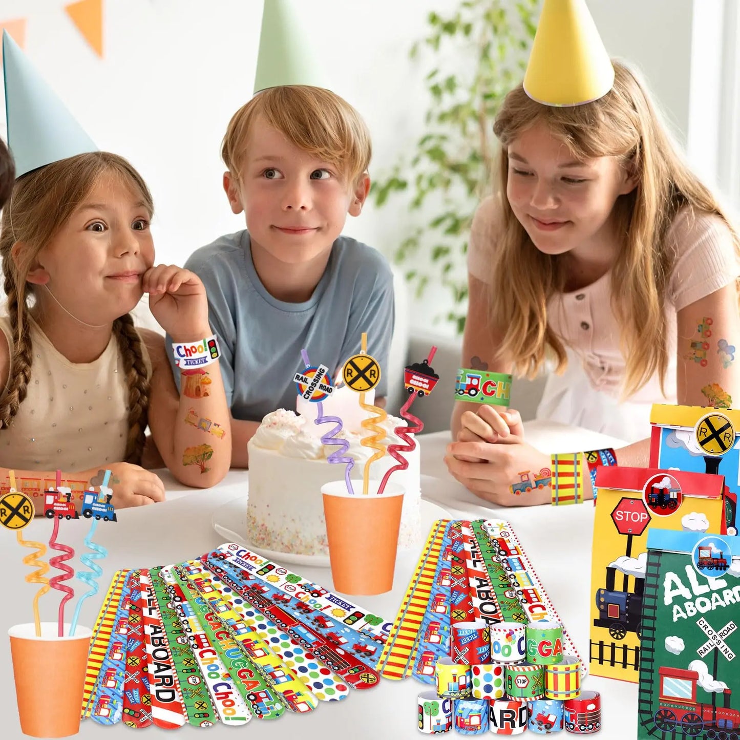Train Party Supplies Drinking Straws Temporary Tattoos Keychains Slap Bracelets Stickers Goodie Bag Transportation Birthday Gift