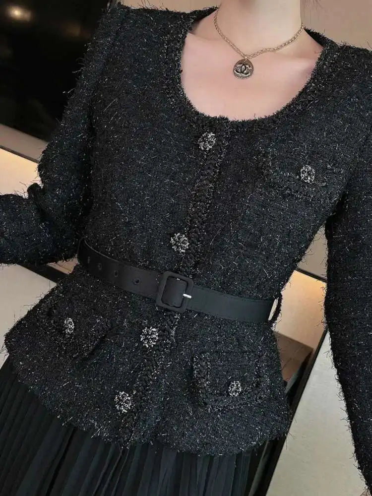 UCXQ Vintage Beading Buttons O-neck Black Dress With Belt Summer 2023 Women Evening Dresses Ladies Wedding Party Clothes Tide