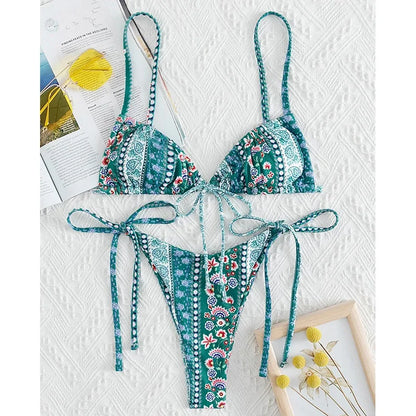 BIQIUYYI New Floral Print String Bandage Bikinis Triangle Cup Push Up Swimsuit Women Bathing Suit Beachwear Halter Swimwear XS