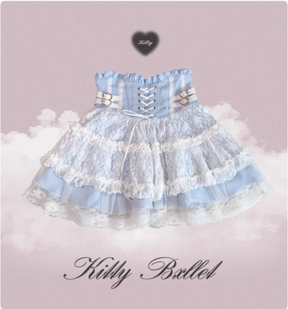 Japanese Original Lolita Lace Ruffle Edge Tied Bow High Waist Mini Skirt Spring Summer New Slim Waist Sweet Girl Y2k Skirt