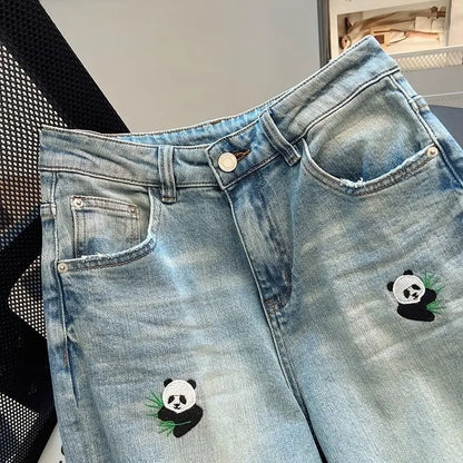 Embroidered Panda Straight Jeans Female Summer High Waist Design Sense Casual Fashion Temperament Slim Wide-leg Pants