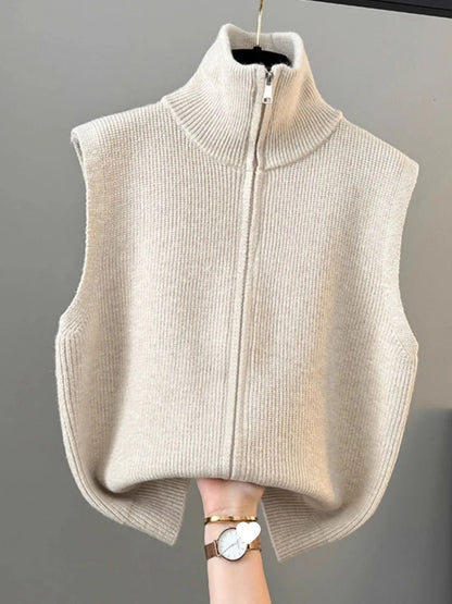 High Collar Zipper Knitted Open Cardigan Vest Women's Loose Layering Jacket Sweater Shoulder Pad Spring Autumn Winter New Style
