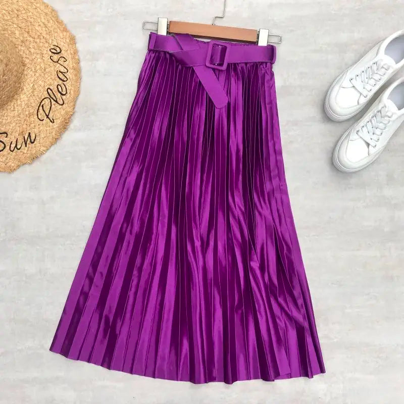 Seoulish 2025 New Solid Elegant Stain Women's Pleated Skirts with Belted High Waist Skirts Mi-long Umbrella Skirt Spring Summer