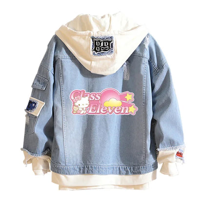 Anime Sanrio Denim Bomber Jacket Hello Kitty Hooded Jeans Sweatshirt Unisex Ripped Hole Cosplay Hoodie Long-Sleeved Denim Jacket