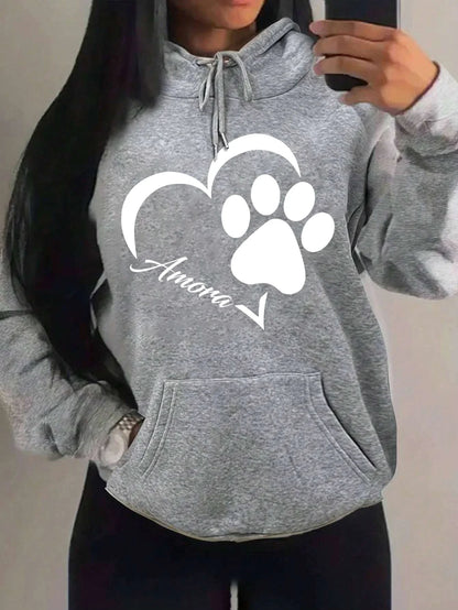 Love And Little Cat Foot Creative Print Women Hoody Fashion Autumn Sweatshirt Pocket Hoodie Sport Style Comfortable Pullover