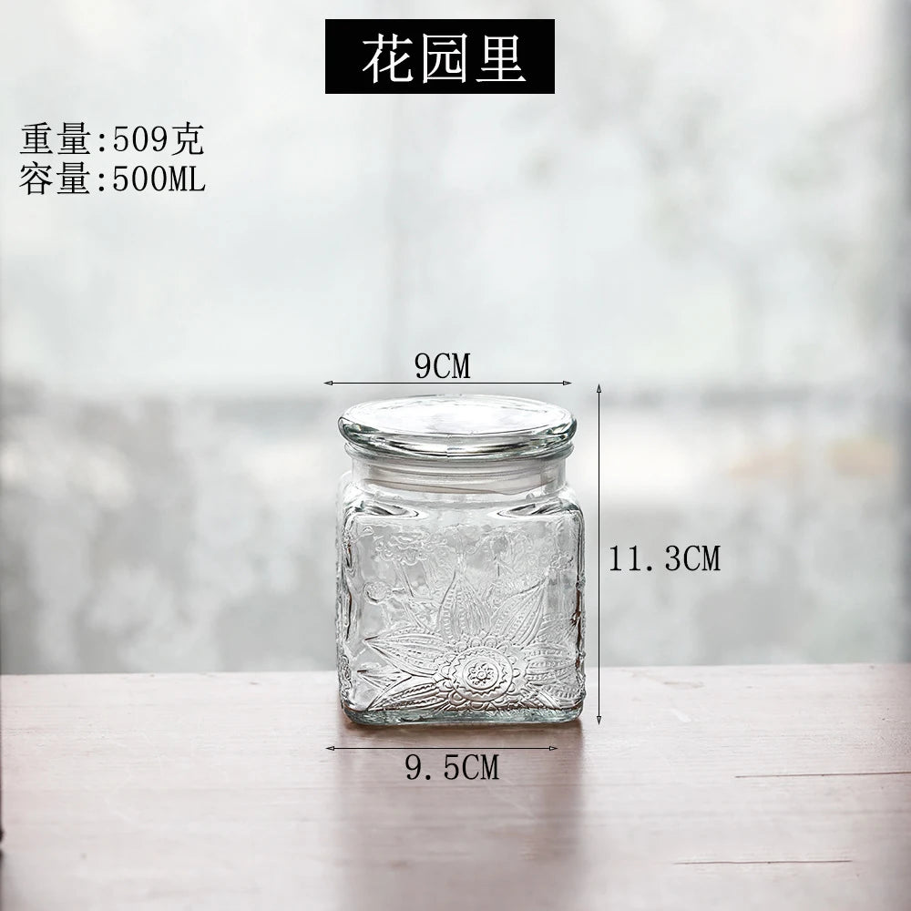 Retro Transparent Glass Sealed Jar Glass Lid Storage Jar Begonia Flower Glass Bottle Candy Storage Jar Kitchen Storage Supplies