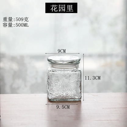 Retro Transparent Glass Sealed Jar Glass Lid Storage Jar Begonia Flower Glass Bottle Candy Storage Jar Kitchen Storage Supplies