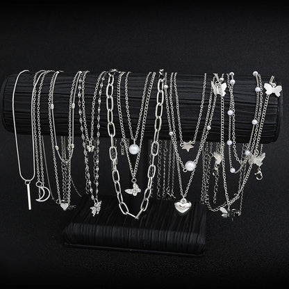 13Pcs/Set Simple Temperament Necklace Set Butterfly Pearl Heart Star Zircon Silver Color Necklace for Women Fashion Jewelry Gift
