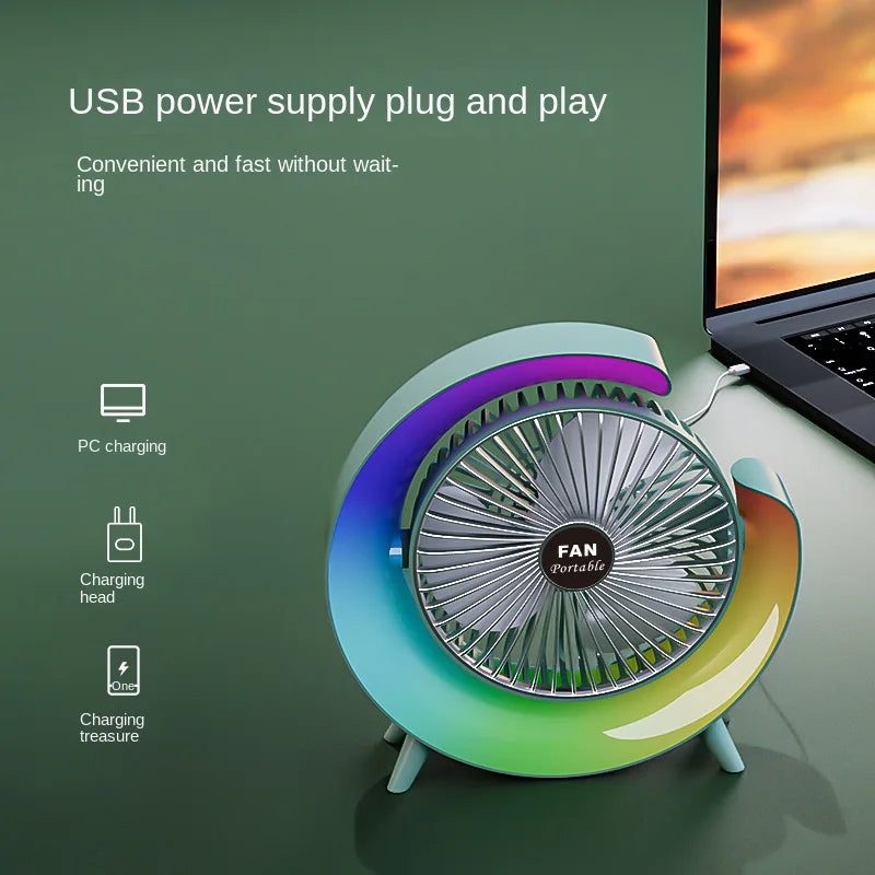 Portable fan, desktop spray, intelligent adjustable, silent, cool air lamp, indoor table fan with seven-color lights
